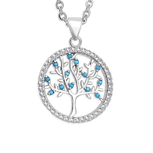 Stainless Steel Tree of Life Necklace w/Blue Stones - Click Image to Close